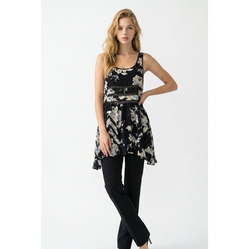 Intimately Free people Floral Mini Dress XS Lace Insets. Handkerchief Hem - Picture 3 of 6